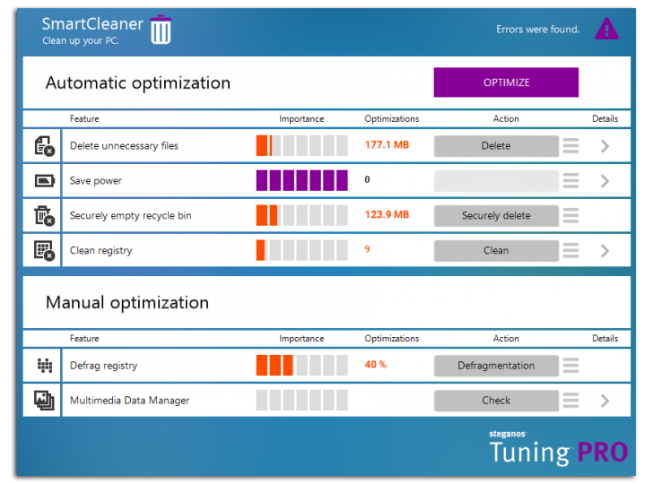 โปรแกรมเพิ่มประสิทธิภาพเครื่องคอมพิวเตอร์ Steganos Tuning PRO