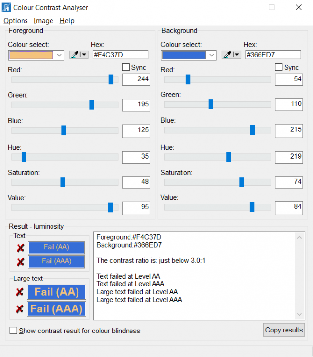โปรแกรมดูโค้ดสีบนหน้าจอคอมพิวเตอร์ Colour Contrast Analyser