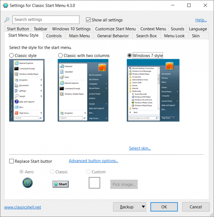โปรแกรมปรับแต่งหน้าตาของวินโดว์ Classic Shell 