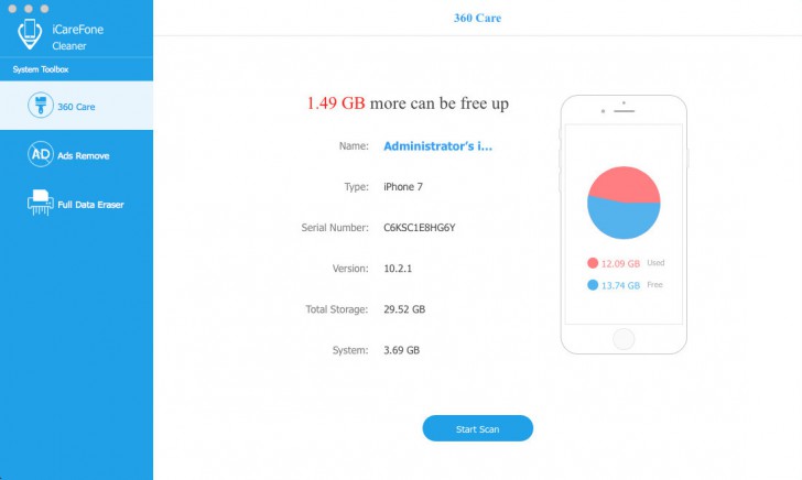 โปรแกรมจัดการ iPhone ฟรี iCareFone Cleaner
