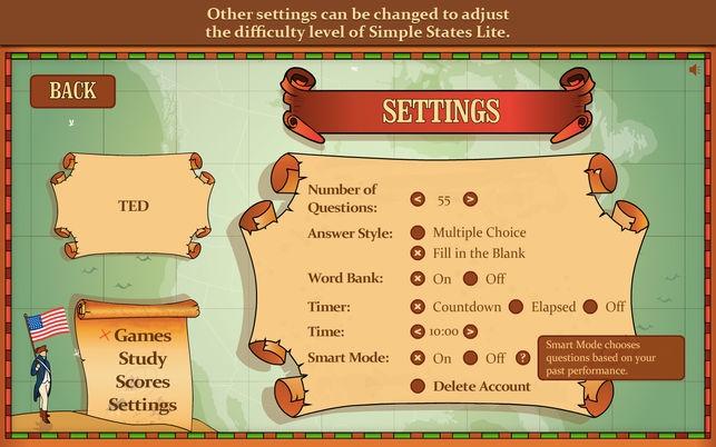 Simple States Lite (โปรแกรม Simple States Lite เรียนรู้ ภูมิศาสตร์ รัฐของสหรัฐ บน Mac) : 