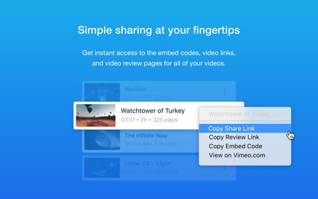Vimeo (โปรแกรม Vimeo จัดการวิดีโอบน Vimeo อัพโหลด ผ่านเมนูบาร์ สำหรับ Mac) : 