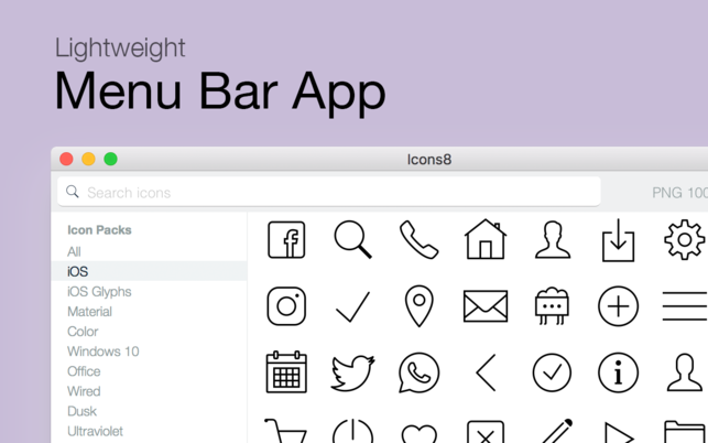 Icons8 Lite (โปรแกรม Icons8 Lite ค้นหาไอคอน หยิบจากเมนูบาร์ บน Mac)