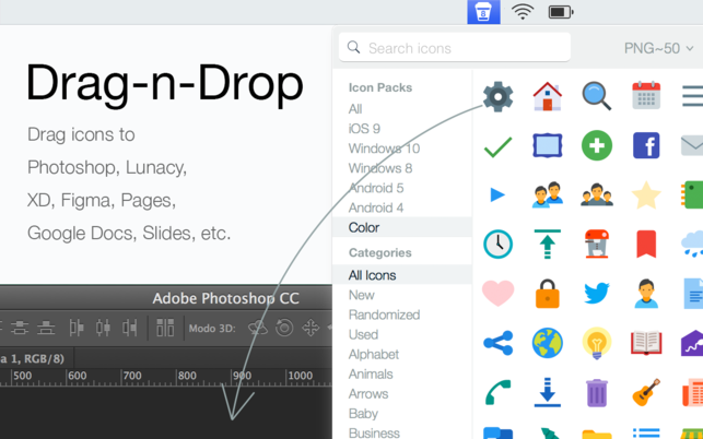 Icons8 Lite (โปรแกรม Icons8 Lite ค้นหาไอคอน หยิบจากเมนูบาร์ บน Mac) : 