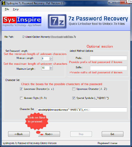 โปรแกรมกู้รหัสผ่าน SysInspire 7z Password Recovery โปรแกรมกู้รหัสผ่าน SysInspire 7z Password Recovery