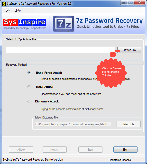 โปรแกรมกู้รหัสผ่าน SysInspire 7z Password Recovery โปรแกรมกู้รหัสผ่าน SysInspire 7z Password Recovery
