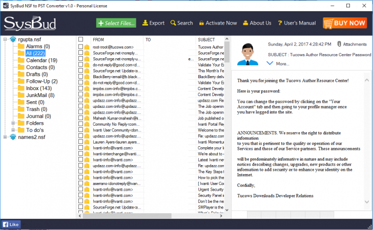 โปรแกรมแปลงไฟล์  SysBud NSF to PST Converter 
