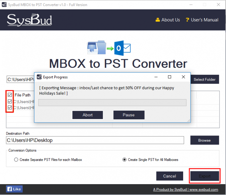โปรแกรมแปลงไฟล์ SysBud MBOX to PST Converter