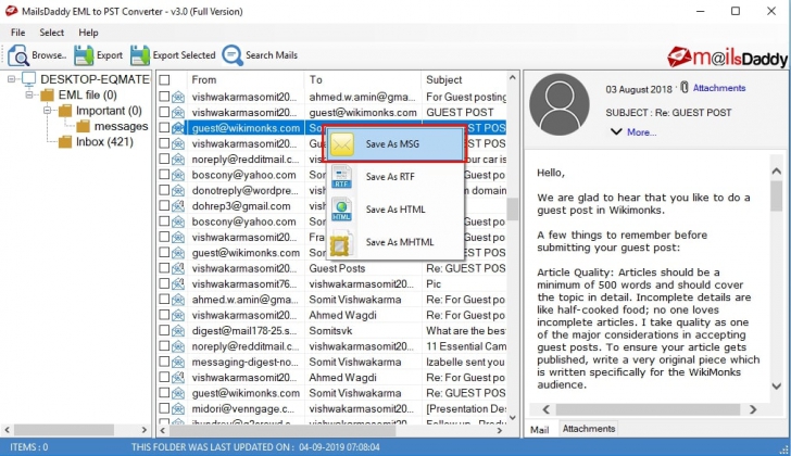 MailsDaddy EML to PST Converter (โปรแกรมแปลงไฟล์นามสกุล EML เป็น PST) : MailsDaddy EML to PST Converter (โปรแกรมแปลงไฟล์นามสกุล EML เป็น PST) :