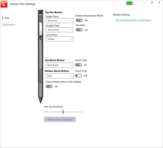 โปรแกรมตั้งค่าปากกาดิจิทัล Lenovo Pen Settings โปรแกรมตั้งค่าปากกาดิจิทัล Lenovo Pen Settings