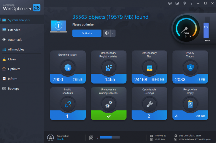 โปรแกรมเร่งความเร็วคอมพิวเตอร์ Ashampoo WinOptimizer