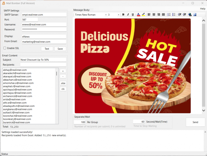 โปรแกรมกระจายอีเมล 500 ผู้รับ Mail Bomber