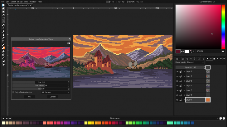 Pixelorama (โปรแกรมแก้ไขภาพ Raster เน้นสร้างภาพ Pixel Art ลูกเล่นเยอะ) : 
