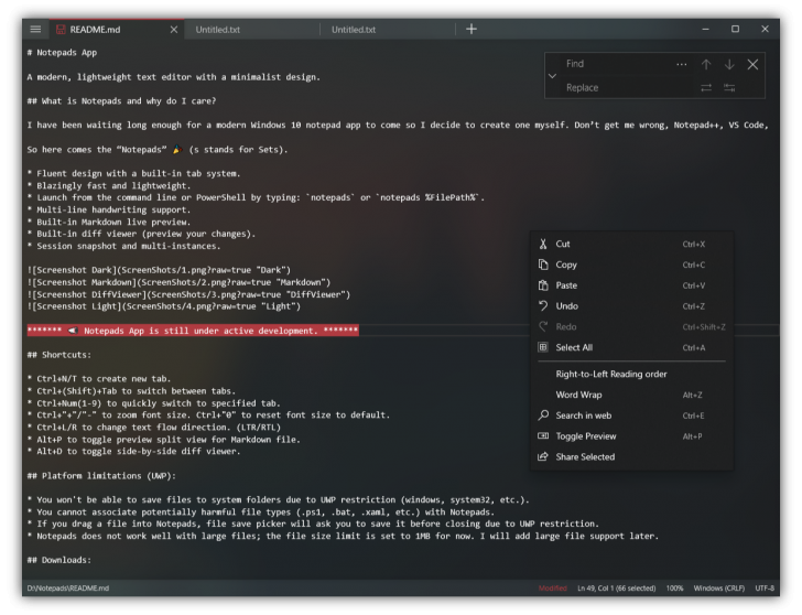 Notepads (โปรแกรมแก้ไขข้อความ ช่วยมีเครื่องมือช่วยเขียนโค้ด เพียบ)