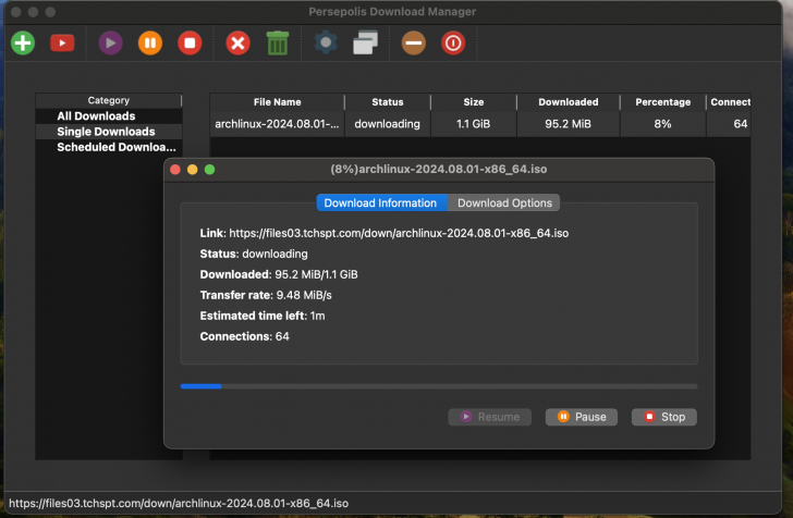 Persepolis Download Manager (โปรแกรมช่วยโหลด รองรับการโหลดแบบแบ่งส่วน ฯลฯ) : 