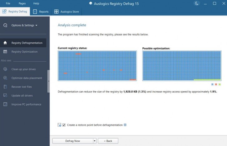 โปรแกรมจัดเรียงข้อมูลรีจิสทรี Auslogics Registry Defrag