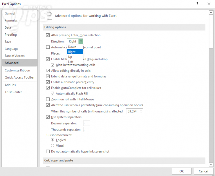 วิธีเปลี่ยนทิศทางของ Cell ถัดไป เวลากด Enter ให้เป็นทิศอื่นตามที่ต้องการ 