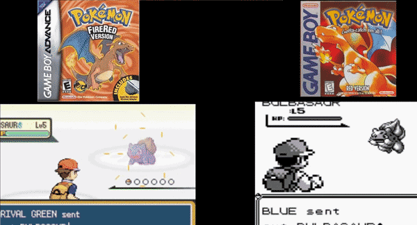 ซ้าย: Pokemon FireRed (เกมส์ฉบับรีเมค) ขวา: Pokemon Red (ต้นฉบับ) ซ้าย: Pokemon FireRed (เกมส์ฉบับรีเมค) ขวา: Pokemon Red (ต้นฉบับ)