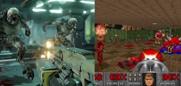 ซ้าย: DOOM ฉบับรีบูตปี 2016, ขวา: DOOM ต้นฉบับเมื่อปี 1993 ซ้าย: DOOM ฉบับรีบูตปี 2016, ขวา: DOOM ต้นฉบับเมื่อปี 1993