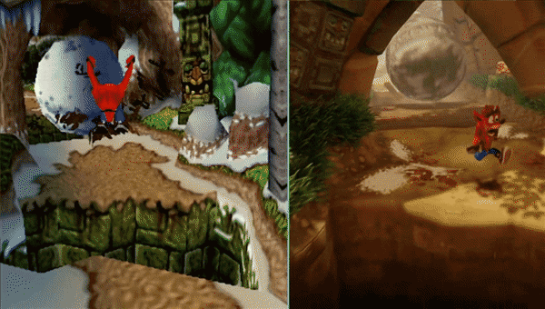 ซ้าย: Crash Bandicoot ต้นฉบับปี 1996 ขวา: Crash Bandicoot N. Sane Trilogy (2017) ภ่าคฉบับรีมาสเตอร์ ซ้าย: Crash Bandicoot ต้นฉบับปี 1996 ขวา: Crash Bandicoot N. Sane Trilogy (2017) ภ่าคฉบับรีมาสเตอร์