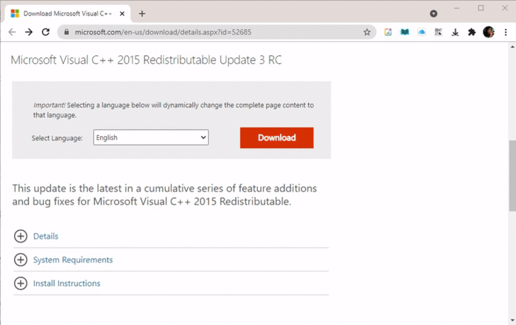 ติดตั้ง Microsoft Visual C++ 2015 Redistributable ใหม่อีกครั้ง