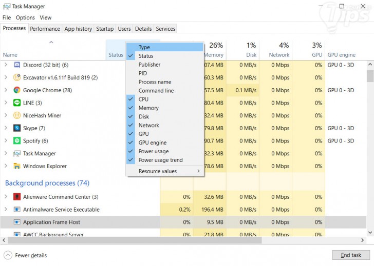 เพิ่มคอลัมน์เพื่อแสดงข้อมูลเพิ่มเติม ใน Task Manager