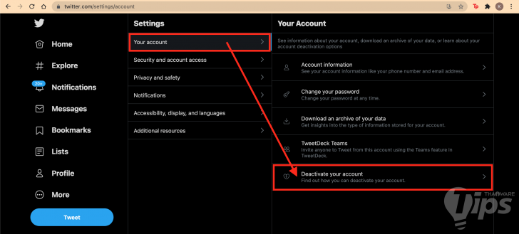 วิธีลบแอคเคาท์ Twitter ผ่านเว็บไซต์