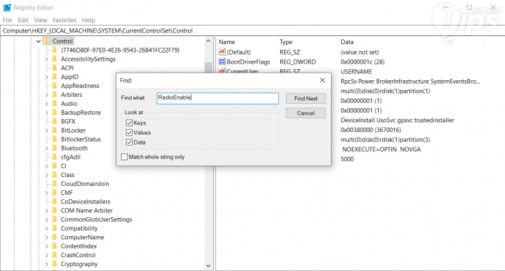 แก้ไขรีจิสทรี (Registry) ในส่วนของค่า RadioEnable