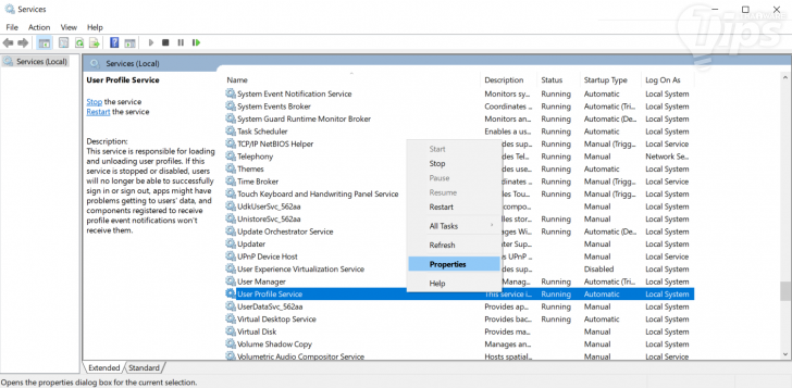 ตรวจสอบสถานะของ User Profile Services