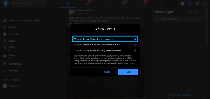 Turn off Active Status for all contacts