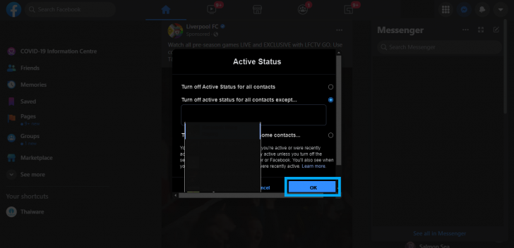 Turn off Active Status for all contacts except... 