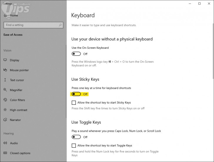 หน้าจอ Turn Off Sticky Keys
