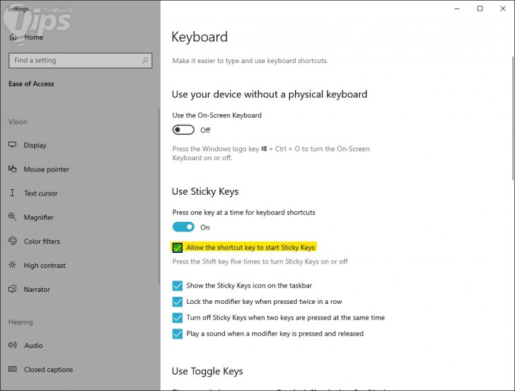 หน้าจอ Allow the Shortcut Key to Start Sticky Keys