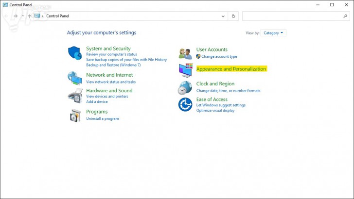 หน้าจอ Adjust your Computer Settings ของแผงควบคุม (Control Panel)