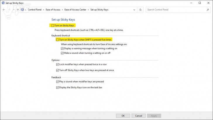 หน้าจอ Set Up Sticky Keys ในแผงควบคุม (Control Panel)