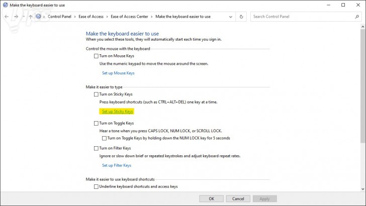 หน้าจอ Make the Keyboard Easier to Use ในแผงควบคุม (Control Panel)