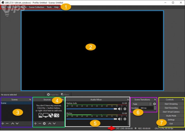 หน้าจอผู้ใช้งาน ของ โปรแกรมถ่ายทอดสด OBS Studio