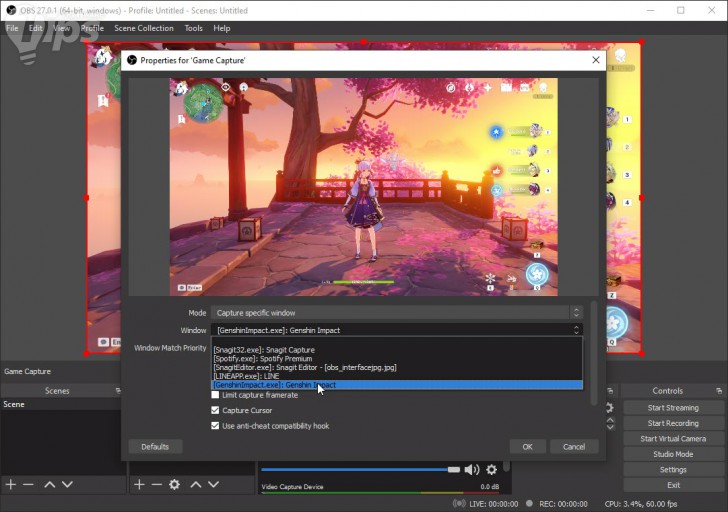 หน้าจอรายการเกม (Game List) ในโปรแกรม OBS Studio