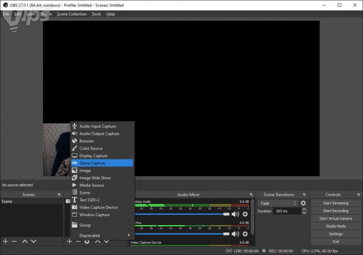 หน้าจอเมนู Game Capture ในโปรแกรม OBS Studio
