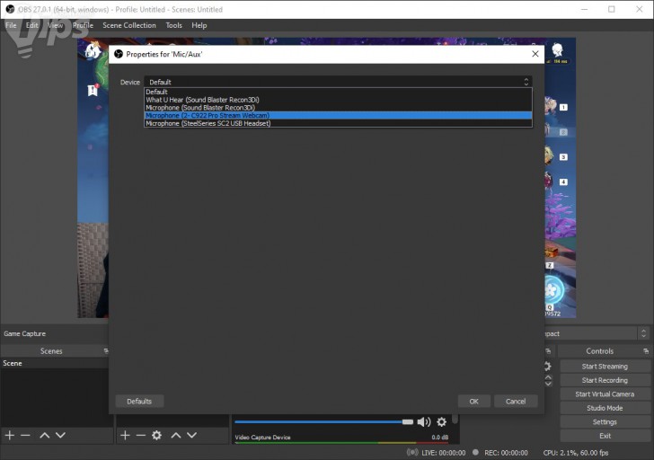 หน้าจอ Properties for Mic/Aux ของ โปรแกรม OBS Studio