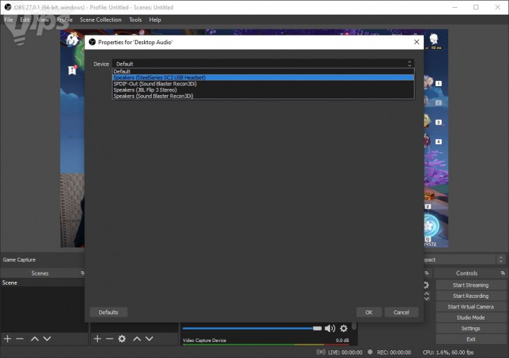 หน้าจอ Properties for Desktop Audio ของ โปรแกรม OBS Studio