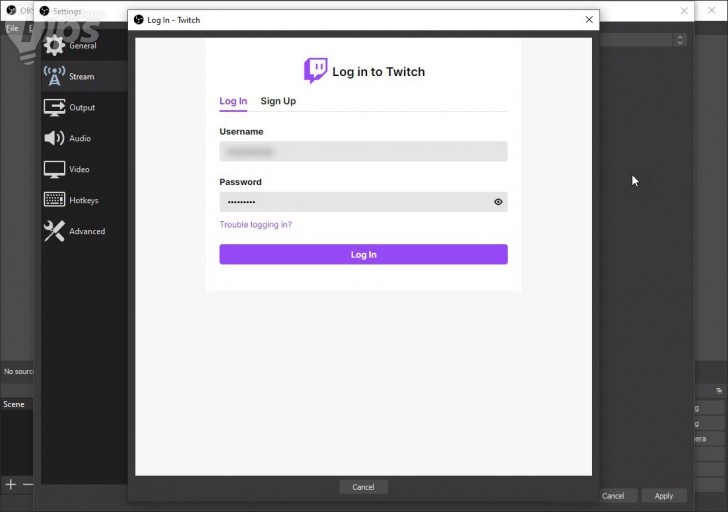 หน้าจอการเชื่อมต่อบัญชี Twitch กับ โปรแกรม OBS Studio