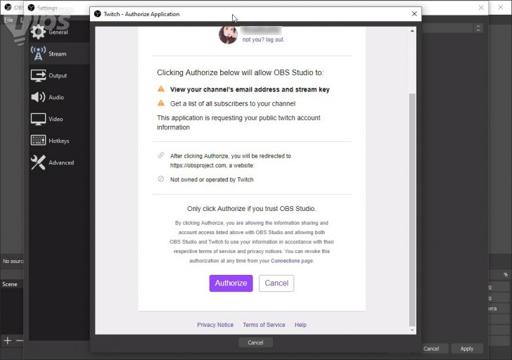 หน้าจอการเชื่อมต่อบัญชี Twitch กับ โปรแกรม OBS Studio