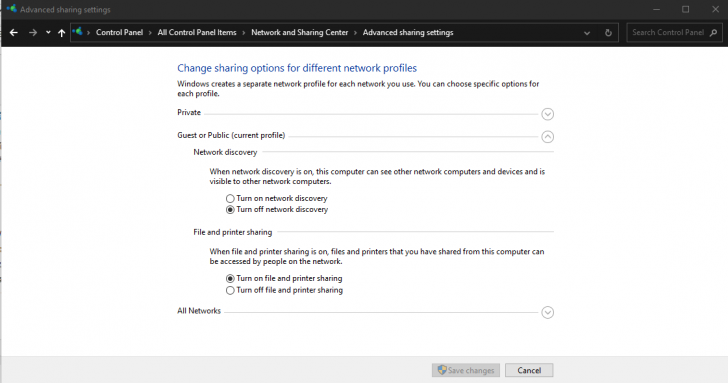 หน้าจอ Network and Sharing Center ของ Control Panel บน Windows