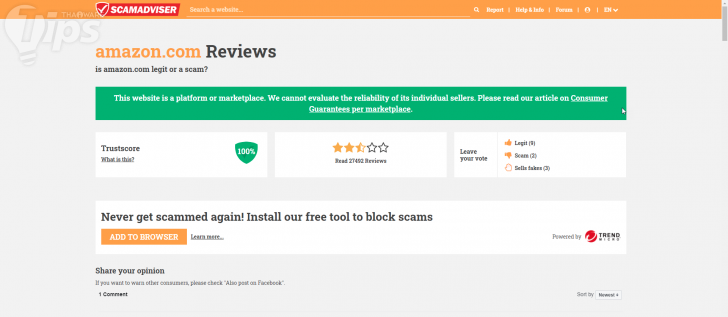 เช็คเว็บ Amazon.com ผ่านทางระบบตรวจสอบของ ScamAdviser
