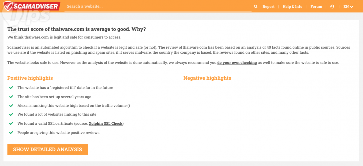 เช็คเว็บ Thaiware.com ผ่านทางระบบตรวจสอบของ ScamAdviser