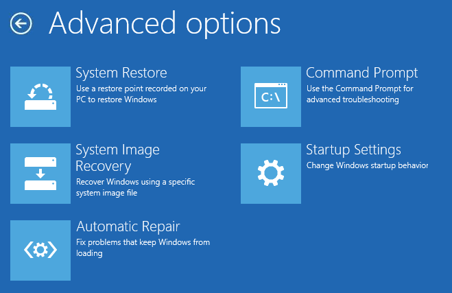 หน้าจอตั้งค่า Advanced Options ของ Windows 10 หน้าจอตั้งค่า Advanced Options ของ Windows 10