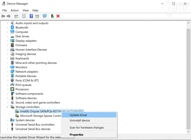 หน้าจออัปเดตไดร์เวอร์ Storage Controllers