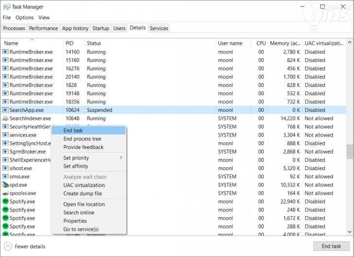 หน้าจอ ตัวจัดการงาน (Task Manager) บนระบบปฏิบัติการ Windows 10