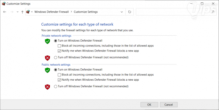 หน้าจอเปิด และตั้งค่า Windows Defender Firewall